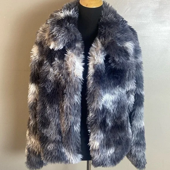 Wild Fable Faux Fur Open Front Jacket Black Gray & White Sz L NWT - Picture 1 of 6